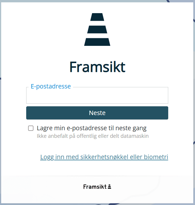 Skjermbilde av innloggingsvinduet til Framsikt via Visma Connect. Vinduet viser et felt for e-postadresse og en mørkeblå «Neste»-knapp.