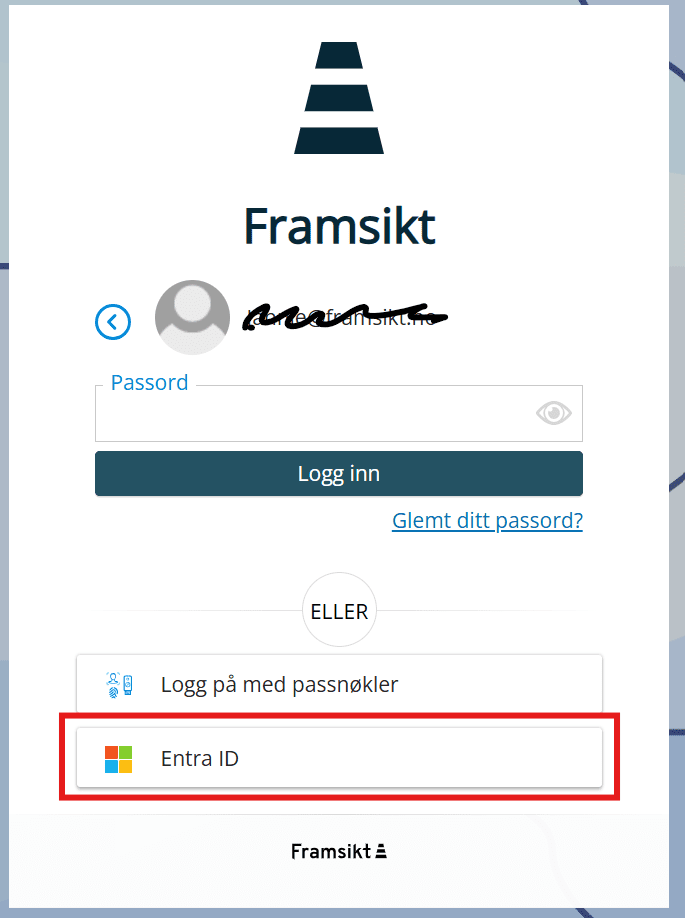 Skjermbilde av steg to i innloggingen. Under feltet for passord vises en hvit knapp med Microsoft-logo og teksten «Entra ID» markert med en rød ramme.